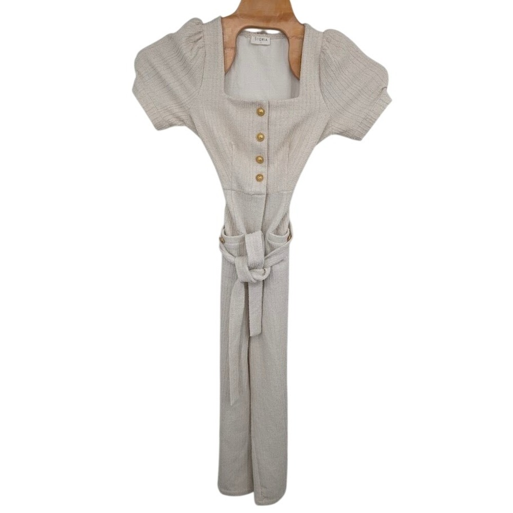 Storia Cream Long Sleeve Square Neck Textured‎ Jumpsuit Long Pants Women's sz S